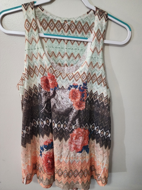 Persaya Tops - Persaya Floral Elephant Aztec Print Tank Top - Mint, Coral, Brown